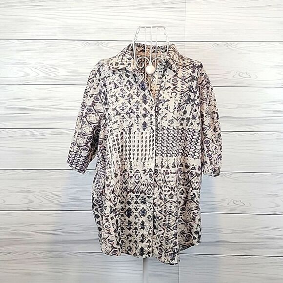 Cafe Marrakesh button-down shirt abstract print - grey & tan Women's Size XL - Picture 1 of 9